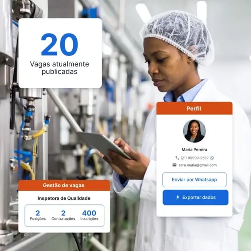 Imagem de uma mulher negra em um laboratório com ilustrações do produto Recrutamento & Seleção.