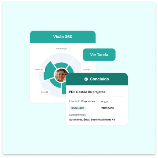 Imagem demonstrando as funcionalidades de Visão 360 do colaborador e Conclusão de PDI do Gupy Performance e Desenvolvimento.