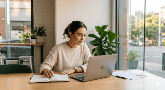 Imagem para ilustrar o blogpost como conseguir emprego sem experiência. Na imagem, tem uma mulher branca de cabelos pretos sentada em uma mesa, mexendo em um notebook.