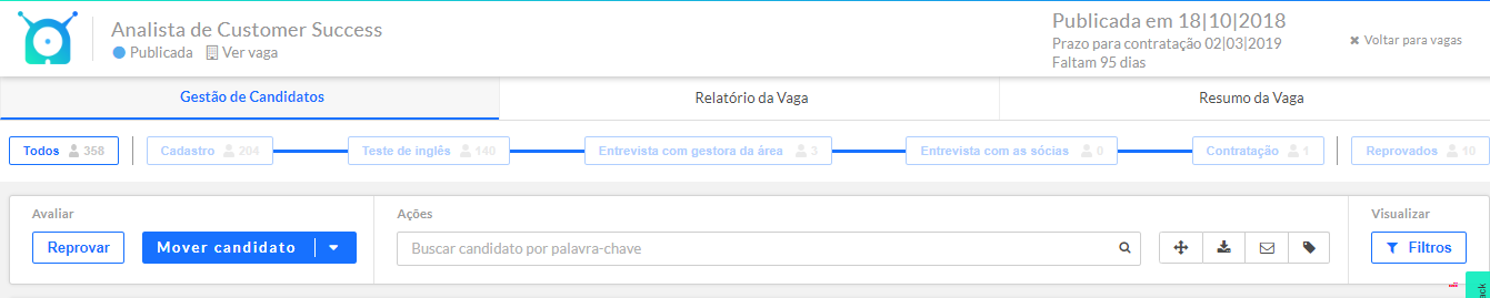 Imagem de tela da plataforma gupy, mostrando o funil de recrutamento na prática.