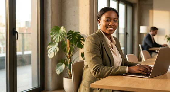 Jovem profissional confiante em coworking moderno, com laptop aberto e luz natural, representando habilidades que aumentam as chances de contratação.