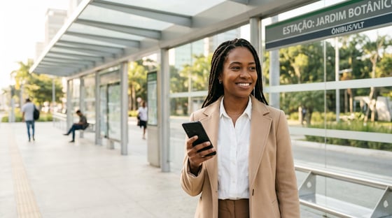 Mulher jovem sorrindo em um ponto de ônibus moderno, com o celular na mão, em uma manhã ensolarada, a caminho do trabalho com vale-transporte